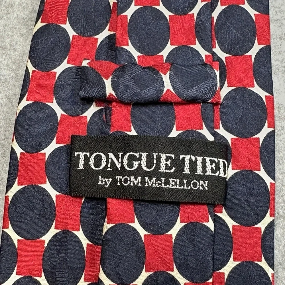 Tongue Tied Tom McLellon Silk Geometric Circle Square Tie Red Navy 60x3.75